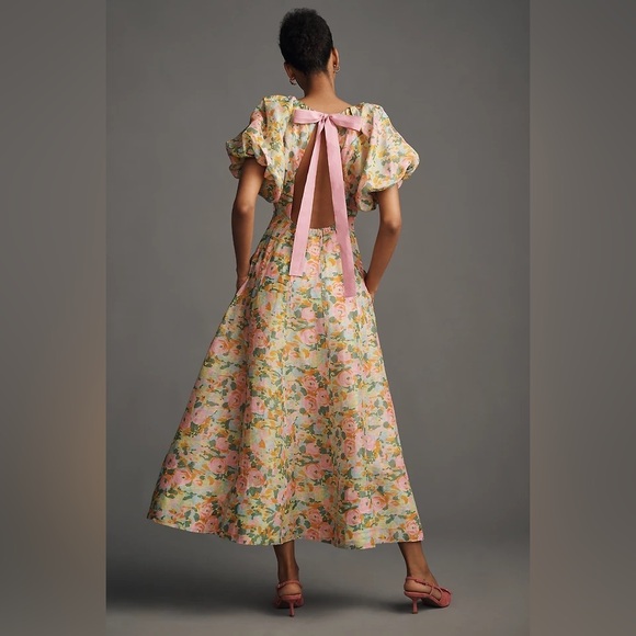 Anthropologie Lovaan Lorna Puff-Sleeve V-Neck Linen-Silk Maxi Dress US6 NWT - Picture 2 of 10